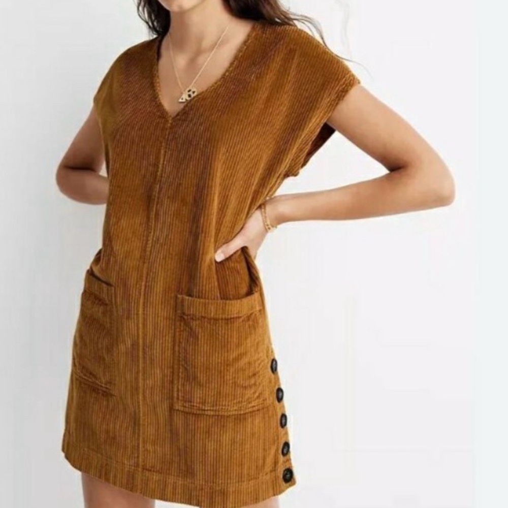 Mustard Button-Detail Corduroy Dress